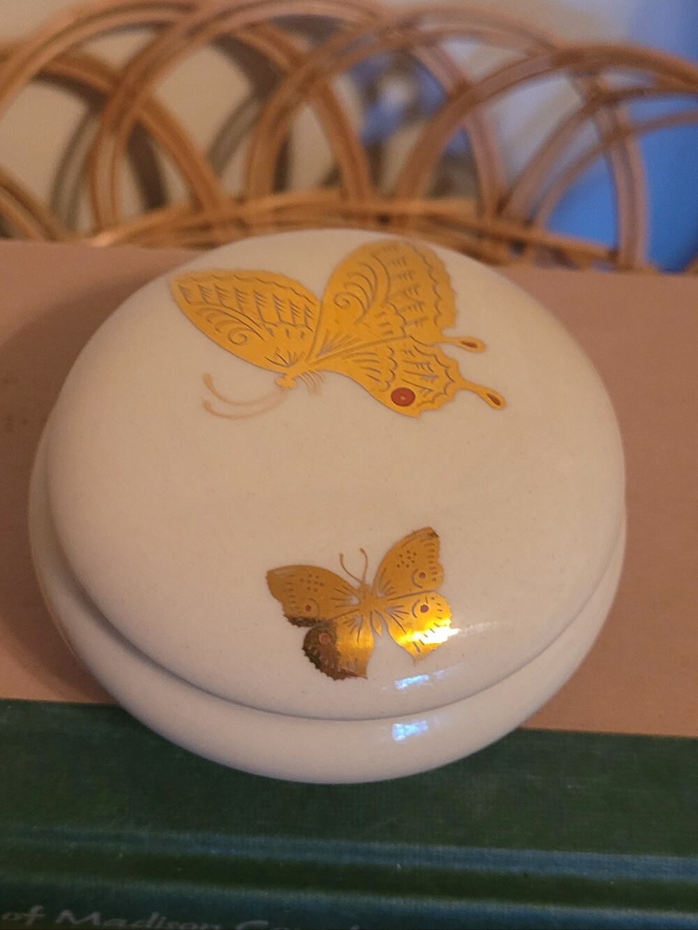 Vintage White Ceramic Trinket Box with Gold Butterfly Motif